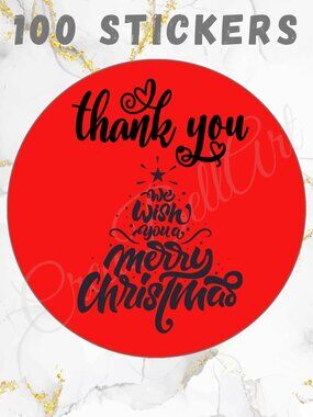 100 Christmas Thank You Stickers –Merry Christmas Tree Design